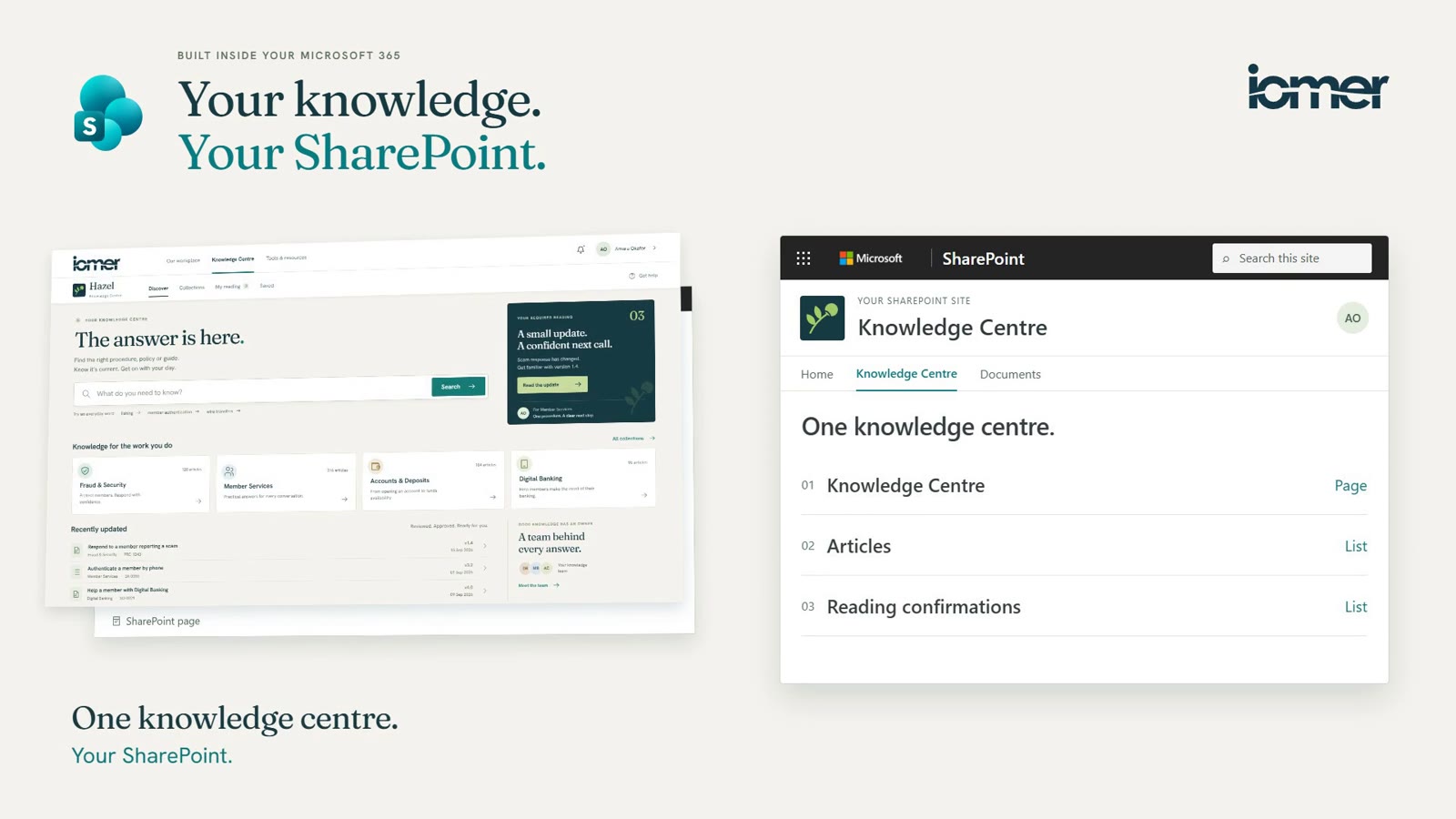 Hazel on a SharePoint page in the Knowledge Centre site, next to the SharePoint lists that hold its articles and reading confirmations, with Microsoft's SharePoint top bar visible